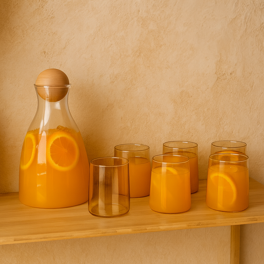 Delisoga Bambu Kapaklı Cam Sürahi Set Gold 7 Parça (SÜPER FİYAT)