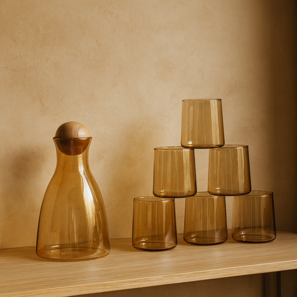 Delisoga Bambu Kapaklı Cam Sürahi Set Gold 7 Parça (SÜPER FİYAT)