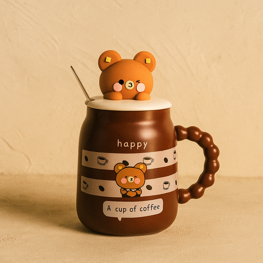 Tutku Bear Kapaklı Porselen Kupa Kahve Rengi Happy