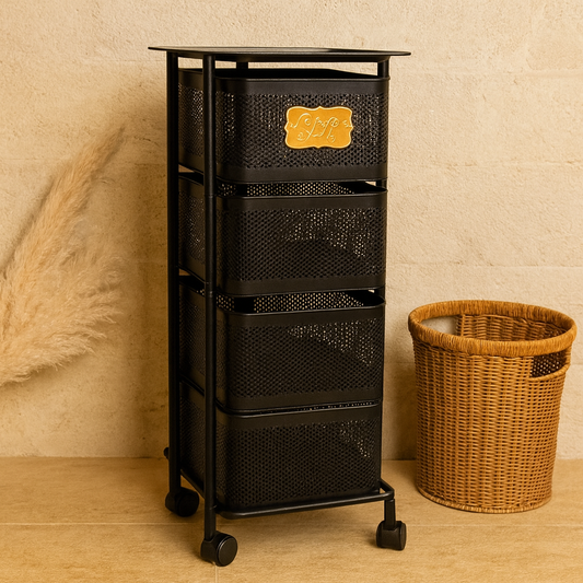 Evanev 4 Katlı Açılır Kapanır Tekerlikli Kare Ferforje Sebzelik Siyah KOD:1057K