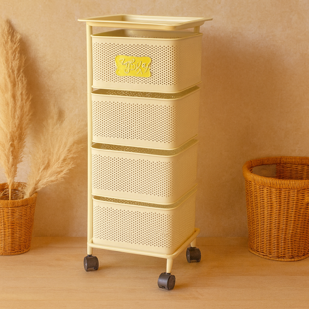 Evanev 4 Katlı Açılır Kapanır Tekerlikli Kare Ferforje Sebzelik Krem KOD:1057K