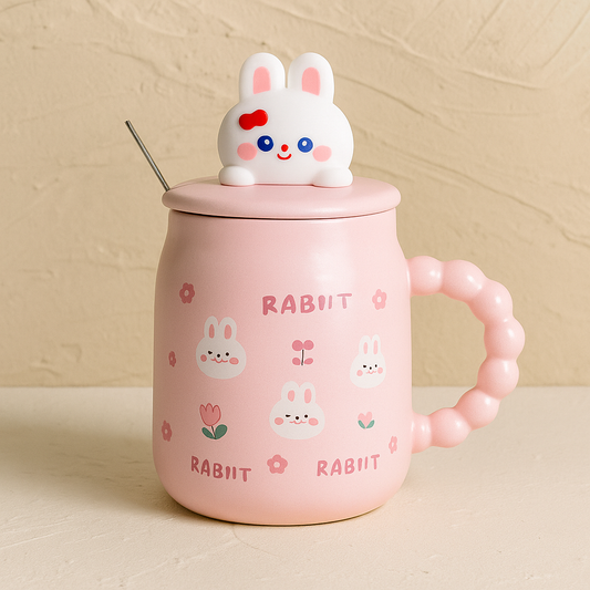 Tutku Rabbit Kapaklı Porselen Kupa Pembe