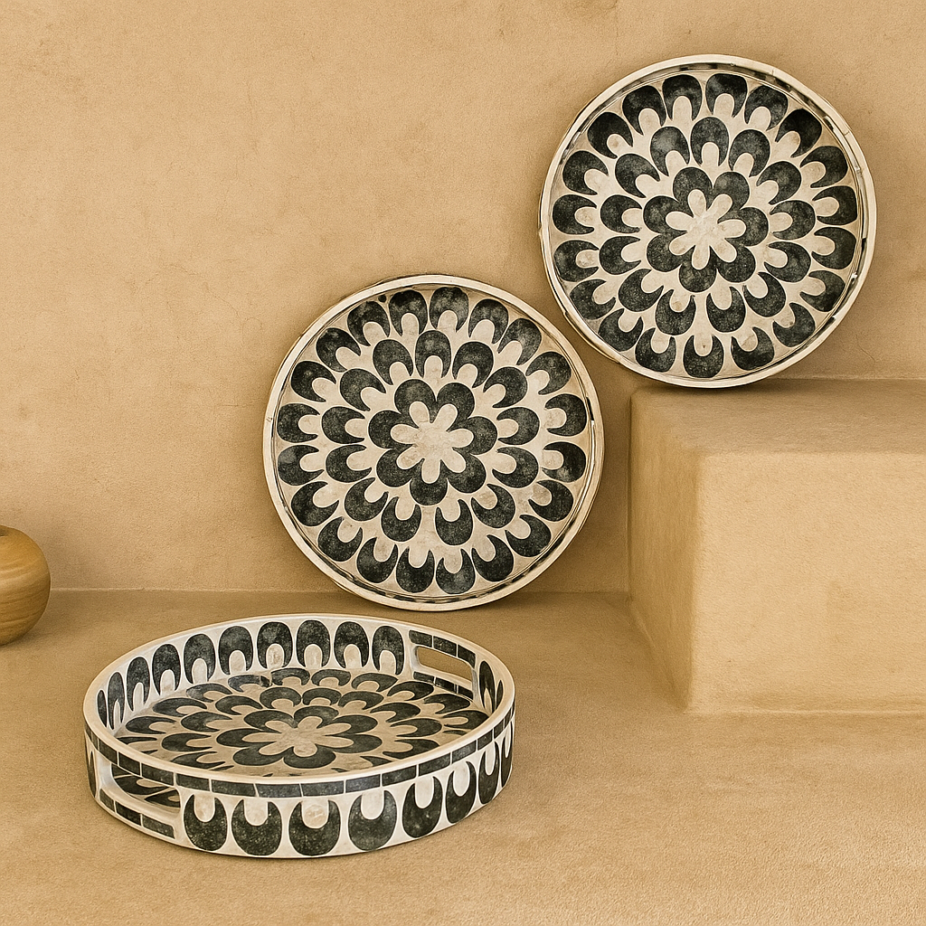 SVR Sedef 3 Lü Yuvarlak Tepsi Seti KOD:61874  Siyah Çiçek