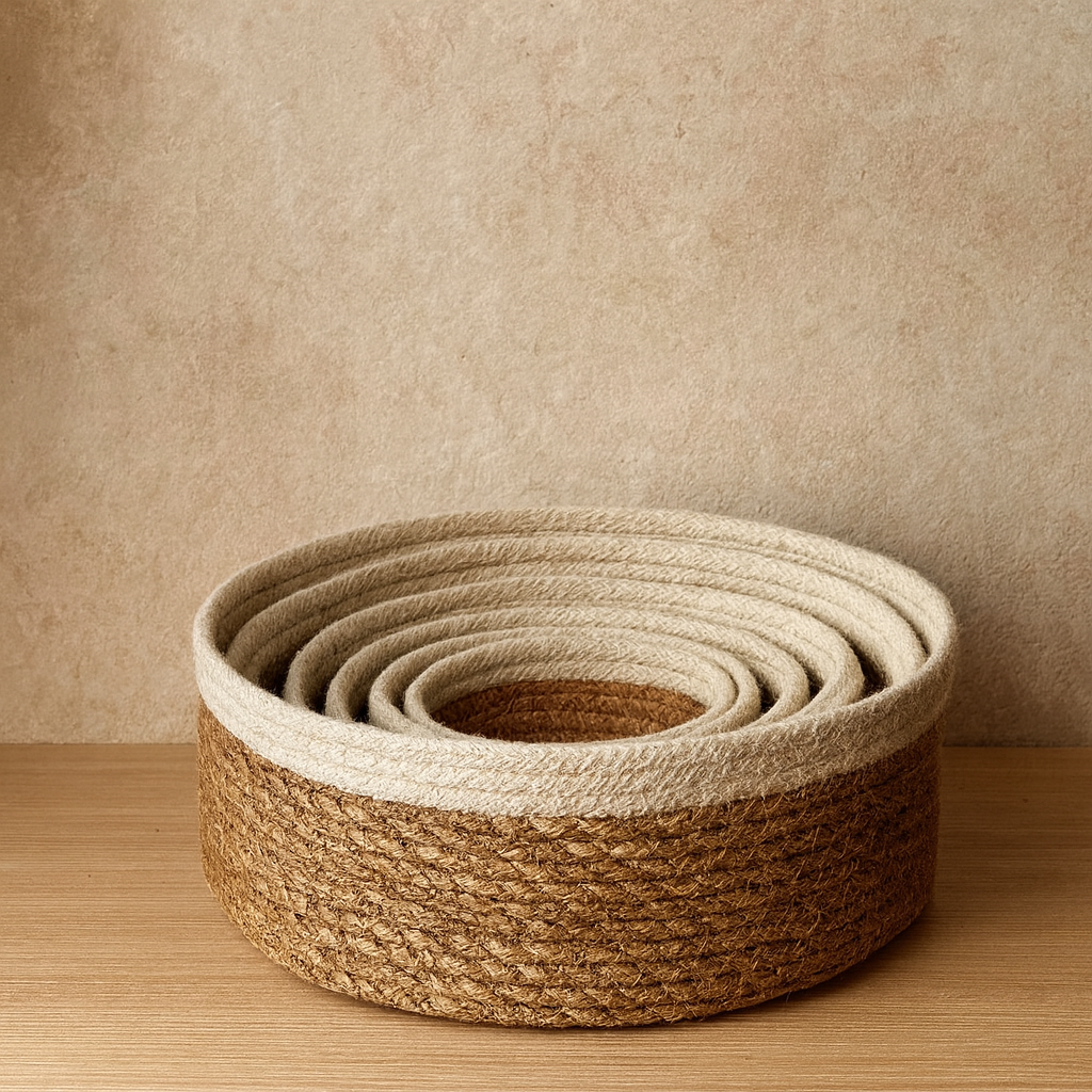 Svr 7 Parça Yuvarlak Hasır Sepet Seti Krem