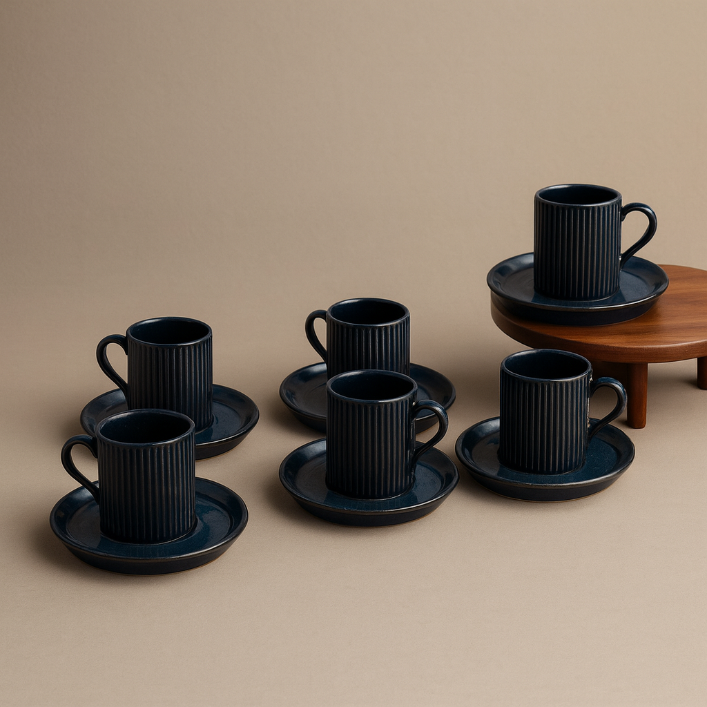 Porline Eliza Porselen Kahve Fincan Seti 6 Kişilik Mavi-Siyah