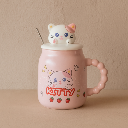 Tutku Kitty Kapaklı Porselen Kupa Pembe