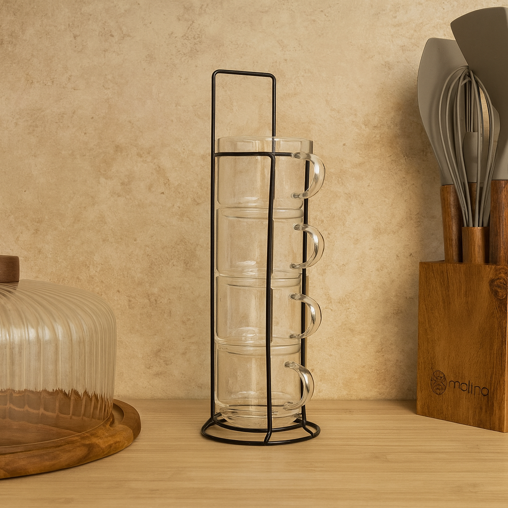 Milay Metal Standlı Nescafe Cam Kupa Seti