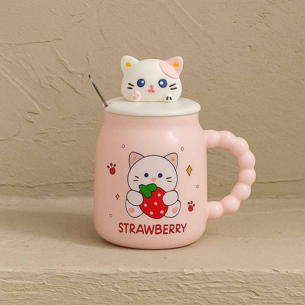 Tutku Strawberry Kapaklı Porselen Kupa Pembe