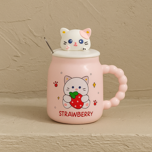 Tutku Strawberry Kapaklı Porselen Kupa Pembe