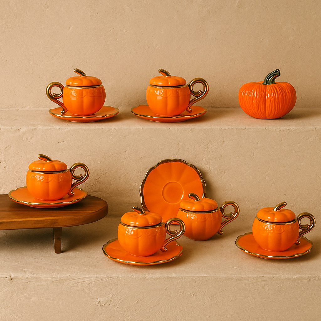 Arow Kabak Model Porselen Kahve Fincan Takımı 6 Kişilik Turuncu