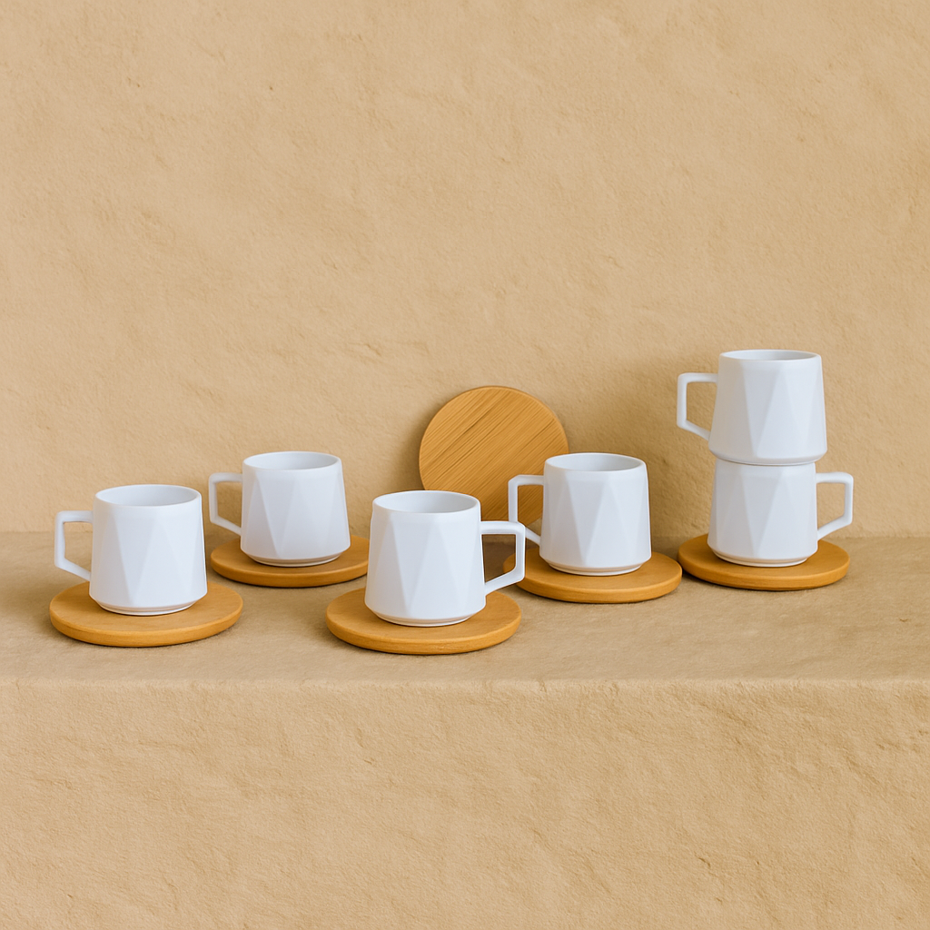 KRD Bambu Altlık Porselen Kahve Fincan Takımı Seti Prizma Model 6 Kişilik