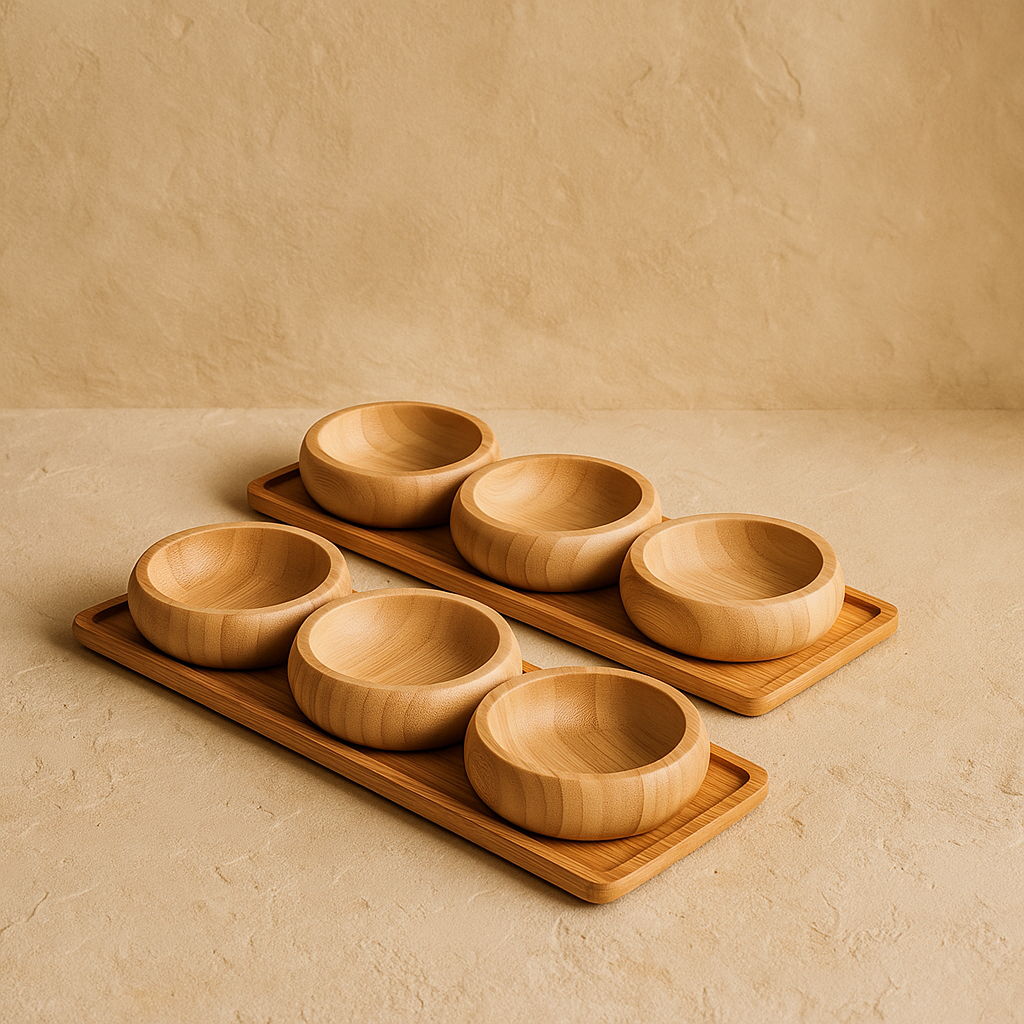 1 ALANA 1 BEDAVA Miev Bambu Standlı 3'Lü Yuvarlak Çerezlik Sosluk Seti KOD:399