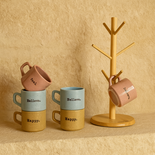 Retro Tutku Bambu Askılı Kupa Seti 7 Parça (Süper Fiyat)