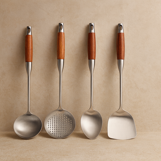 Masterchef 2 Paslanmaz Çelik Akasya Ağacı Tutmalı Mutfak Seti 4 Parça