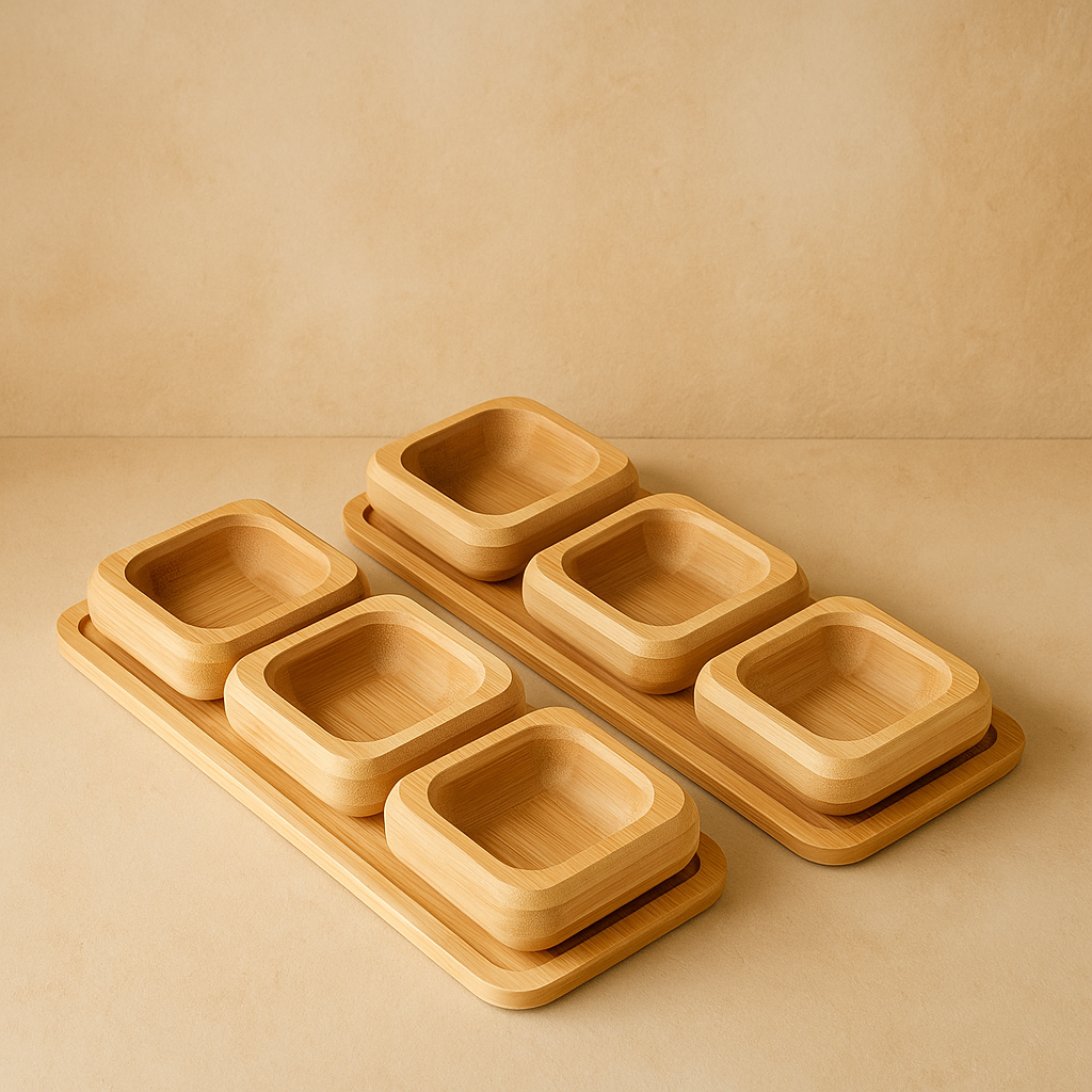 1 ALANA 1 BEDAVA Miev Bambu Standlı 3'Lü Kare Çerezlik Sosluk Seti KOD.398